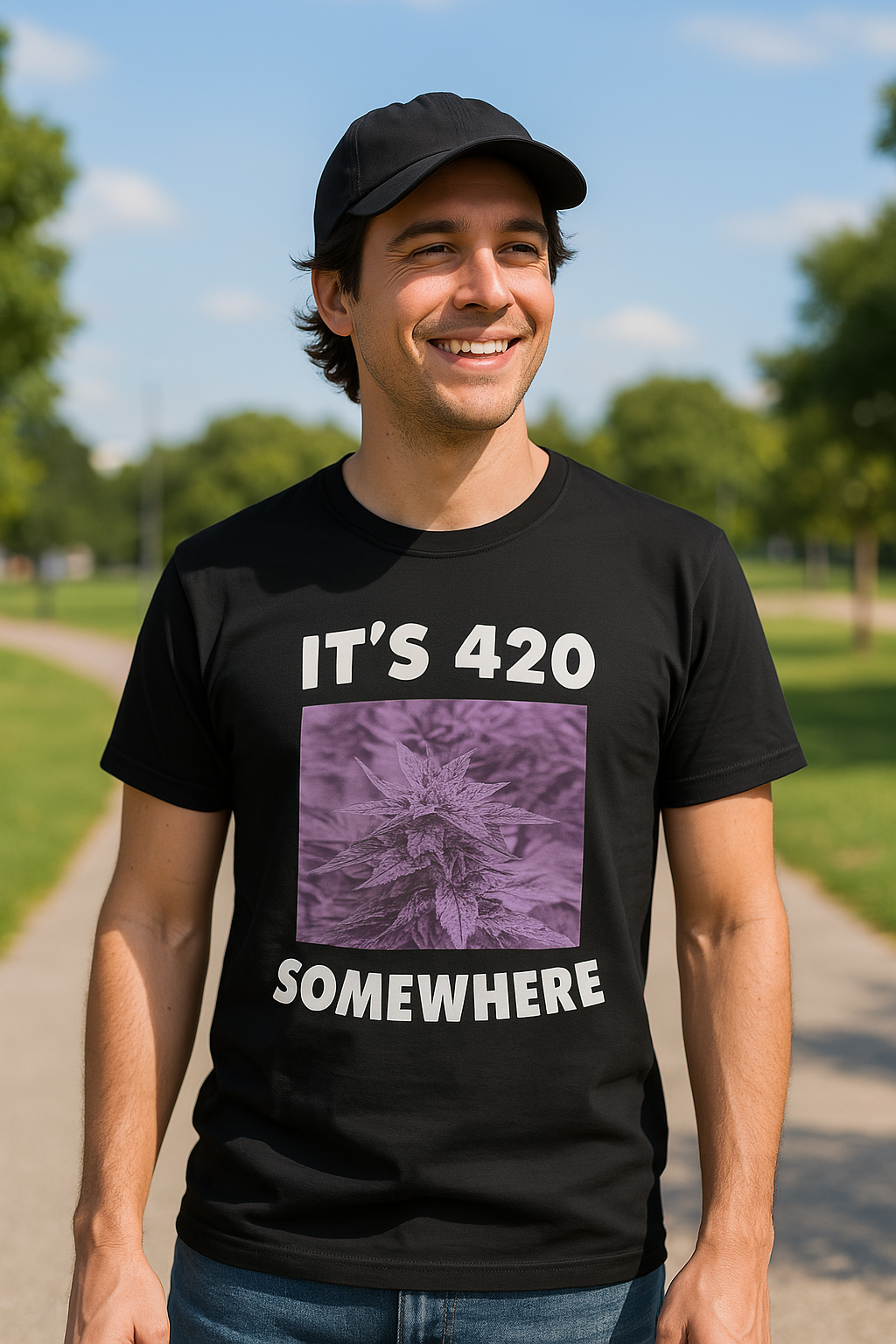 Man wearing a black t-shirt with 'It's 420 Somewhere' text and purple graphic outdoors.