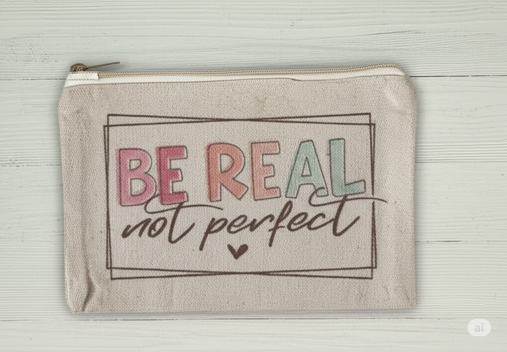 Canvas pouch with 'Be Real not Perfect' text on a wooden surface
