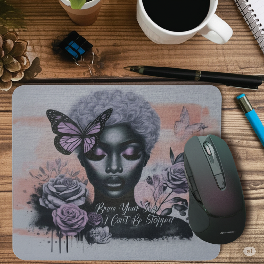 Mouse pad with artistic design of a face, butterfly, and roses on a wooden desk with a mouse and coffee.