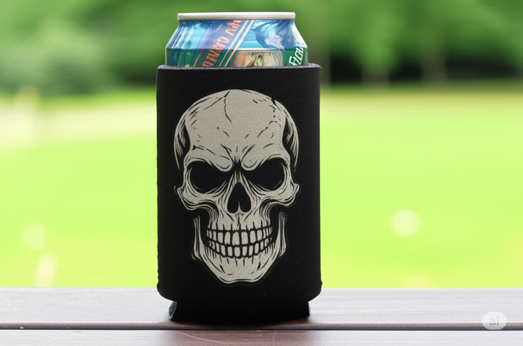 Black skull design can cooler with a can on a wooden surface outdoors.