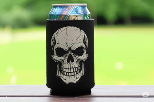 Black skull design can cooler with a can on a wooden surface outdoors.
