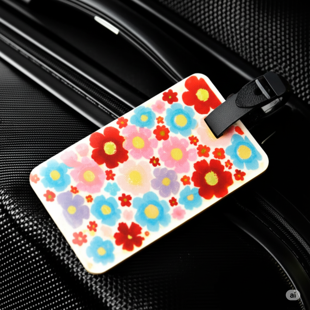 Floral patterned luggage tag attached to a suitcase handle