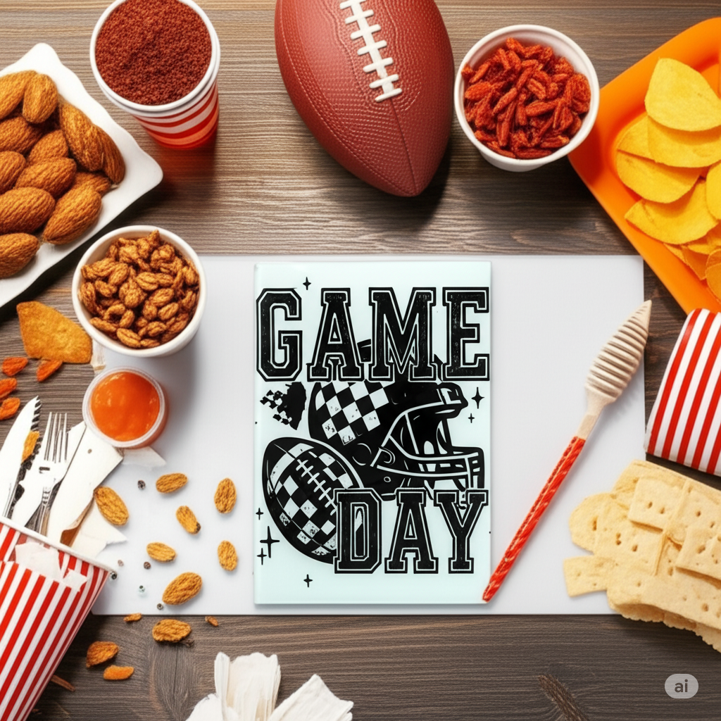 Game day-themed table setting with snacks and a 'Game Day' sign.