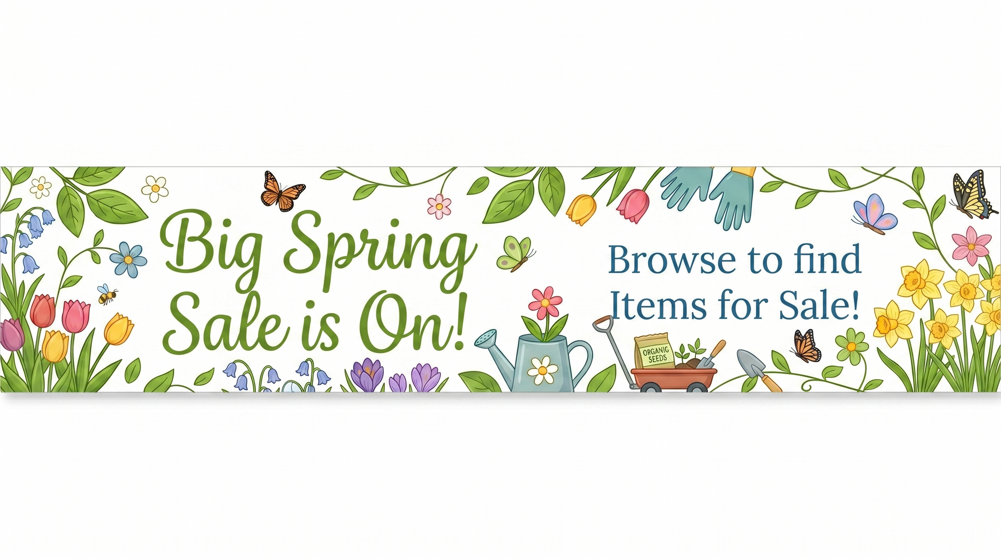 Promotional banner for a big spring sale with decorative elements like flowers and butterflies on a white background.
