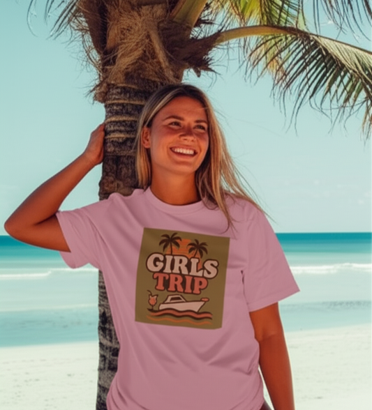 Woman wearing a 'Girls Trip' t-shirt on a beach with palm trees and ocean in the background