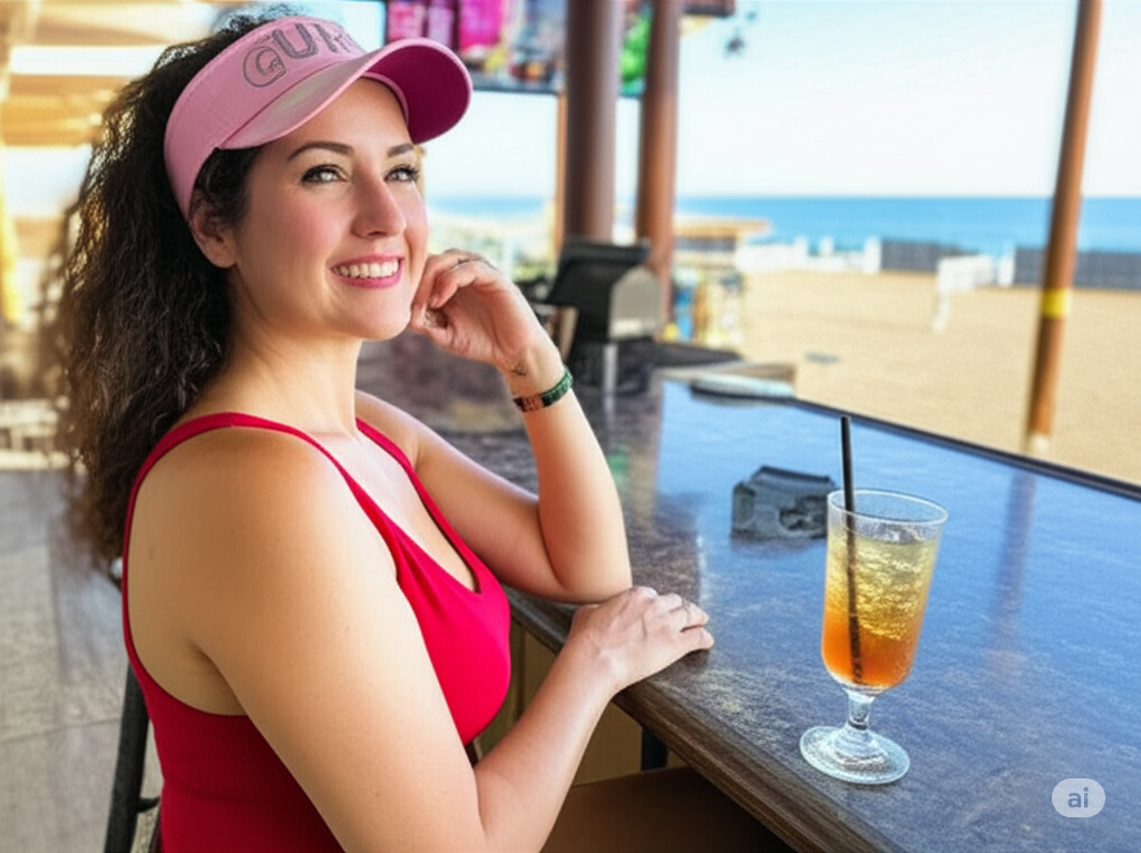 Woman in a pink visor and red top sitting at a bar with a drink, smiling.