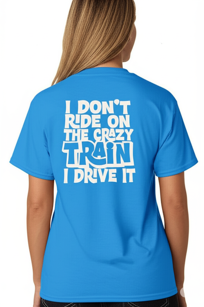Person wearing a blue t-shirt with humorous text on the back