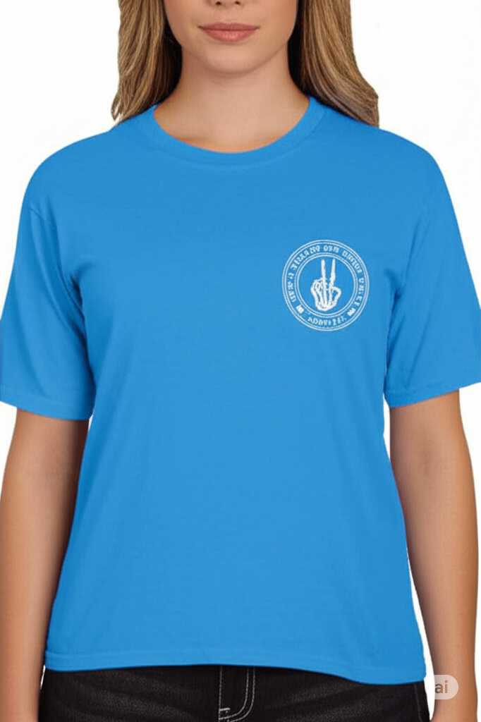 Person wearing a blue t-shirt with a circular logo on a white background