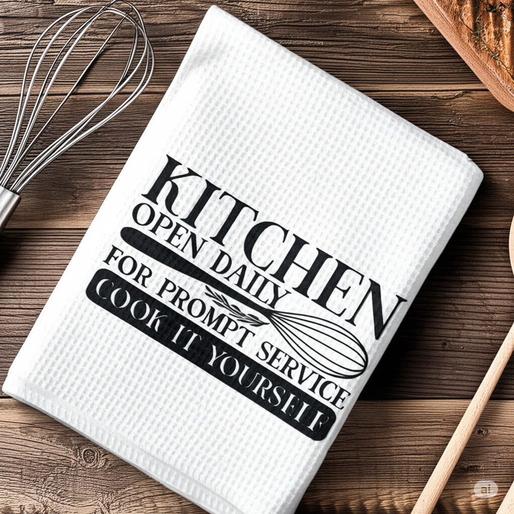 White kitchen towel with black text and a whisk on a wooden surface
