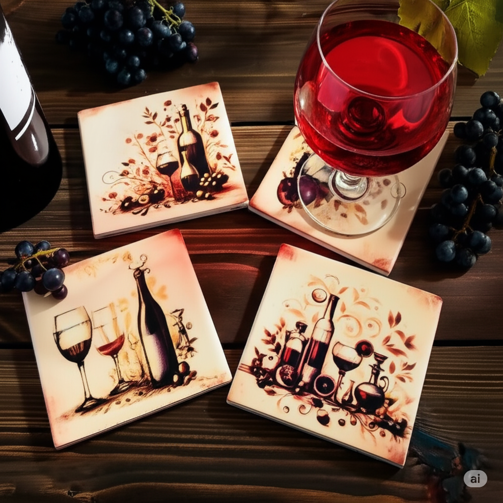 Wine-themed coasters with a glass of red wine on a wooden surface.