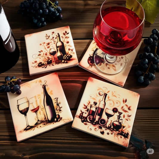 Wine-themed coasters with a glass of red wine on a wooden surface.