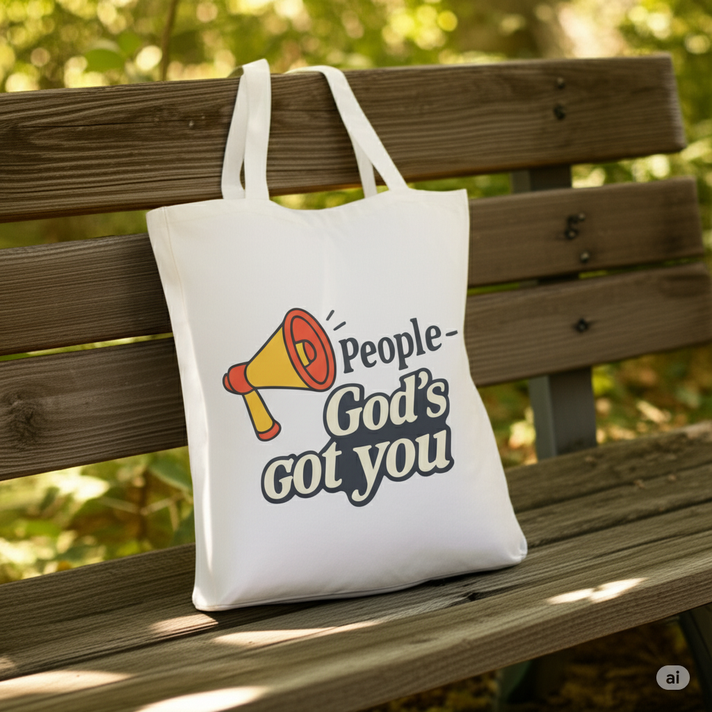White tote bag with a graphic and text on a wooden bench outdoors