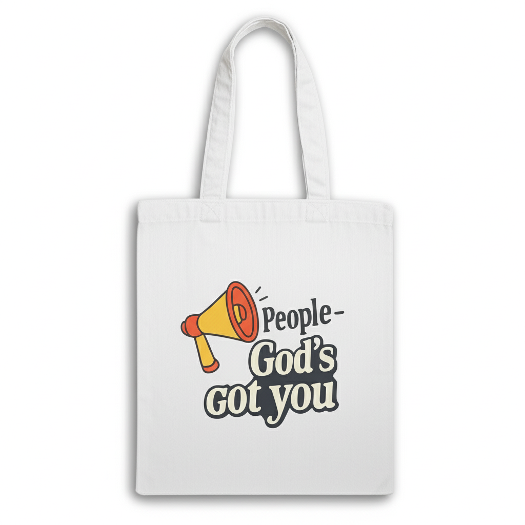 White tote bag with a megaphone and text design on a white background