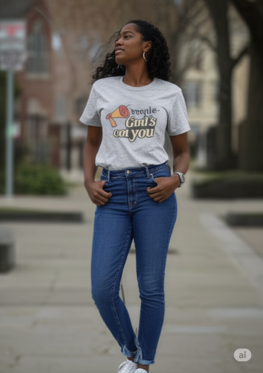 Woman wearing a graphic t-shirt and blue jeans walking on a sidewalk.