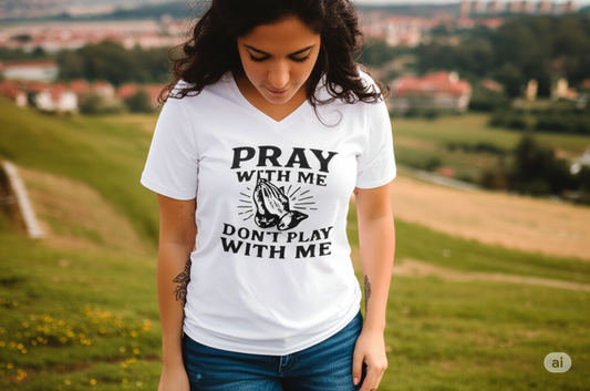 Woman wearing a white t-shirt with text in a scenic outdoor setting