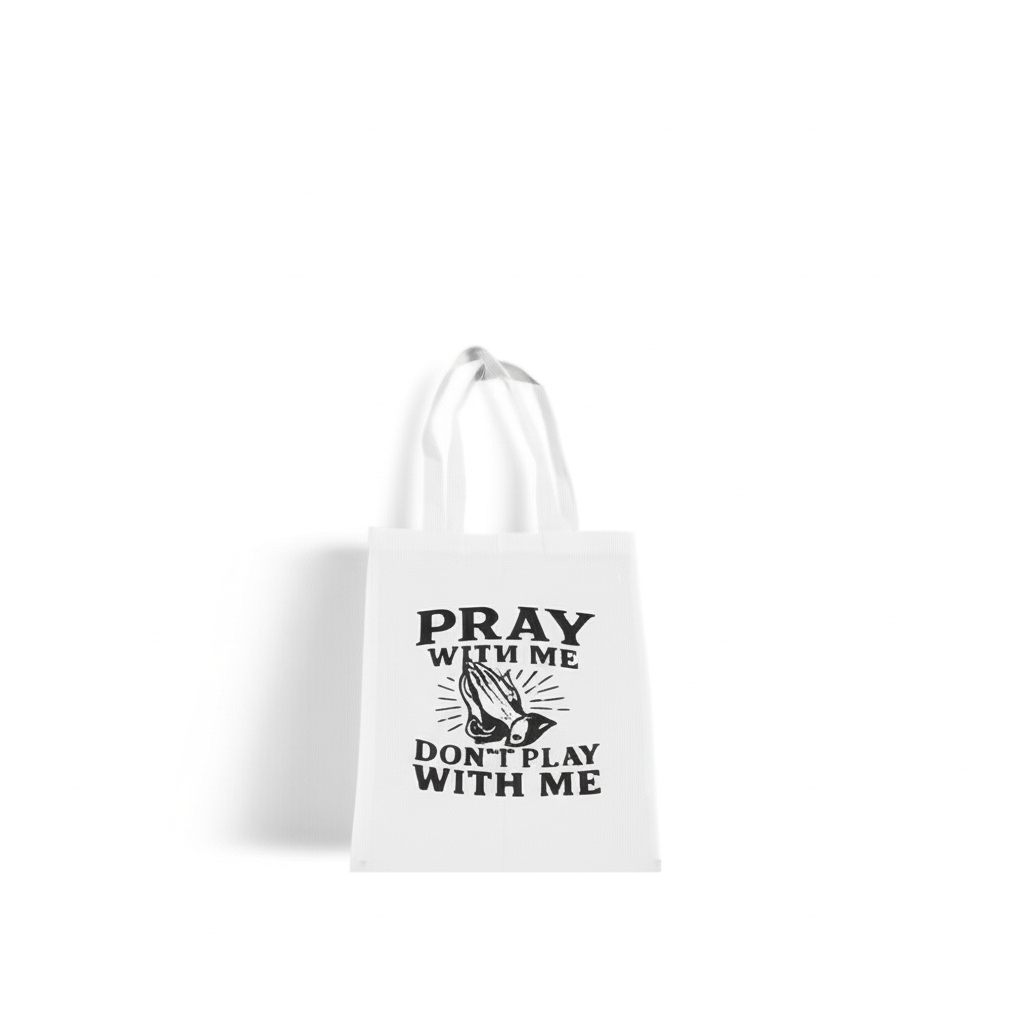 White tote bag with black text and graphic on a white background