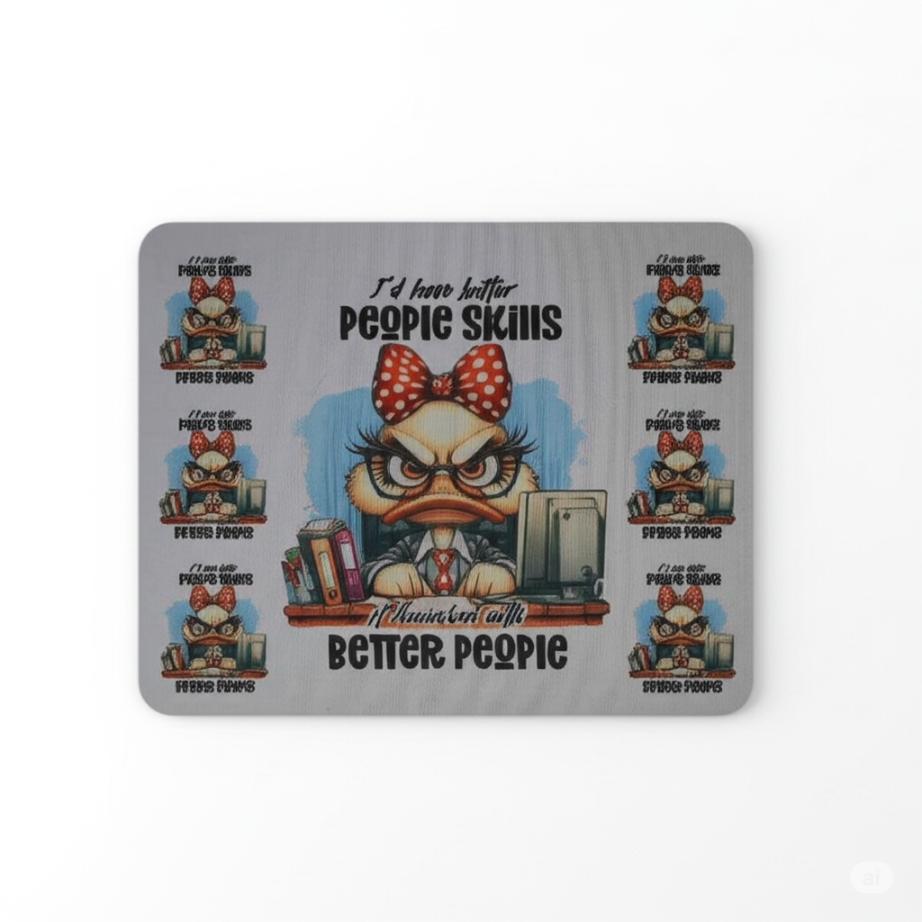 Mouse pad with cartoon character and humorous text on a white background