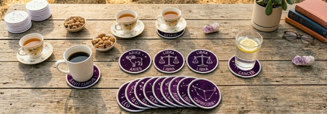 Picture of zodiac birth sign coasters on a table with coffee and tea.
