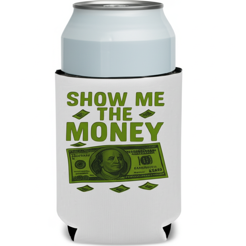 A soda can with a cloth can holder around it with an image that says "Show me the money".