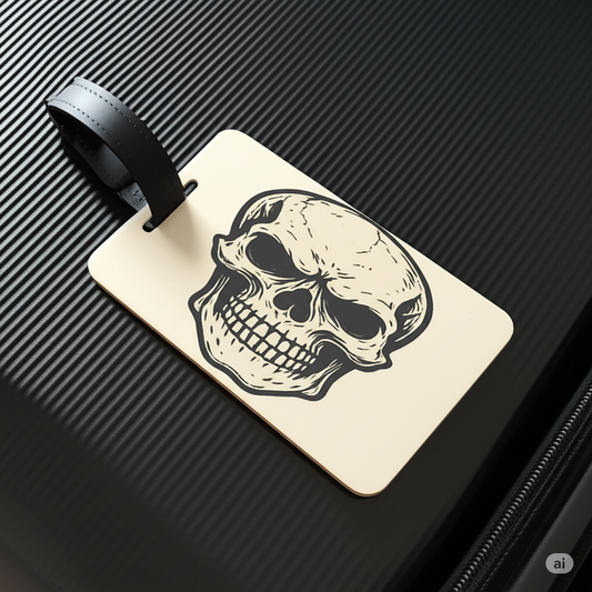 Luggage tag with skull design on a textured black surface