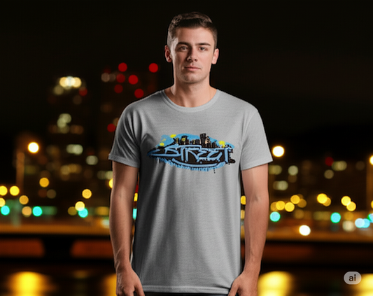 Person wearing a gray t-shirt with a colorful logo against a night cityscape background