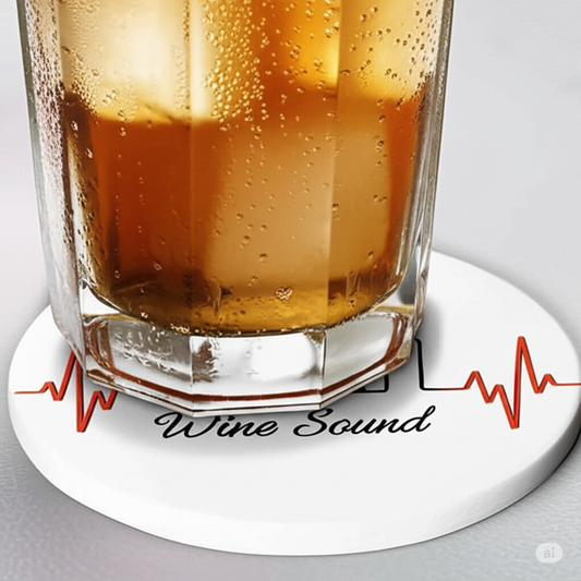 Glass of amber liquid on a coaster with 'Wine Sound' text and heartbeat design.