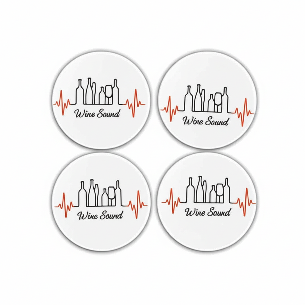 Four coasters with 'Wine Sound' design on a white background