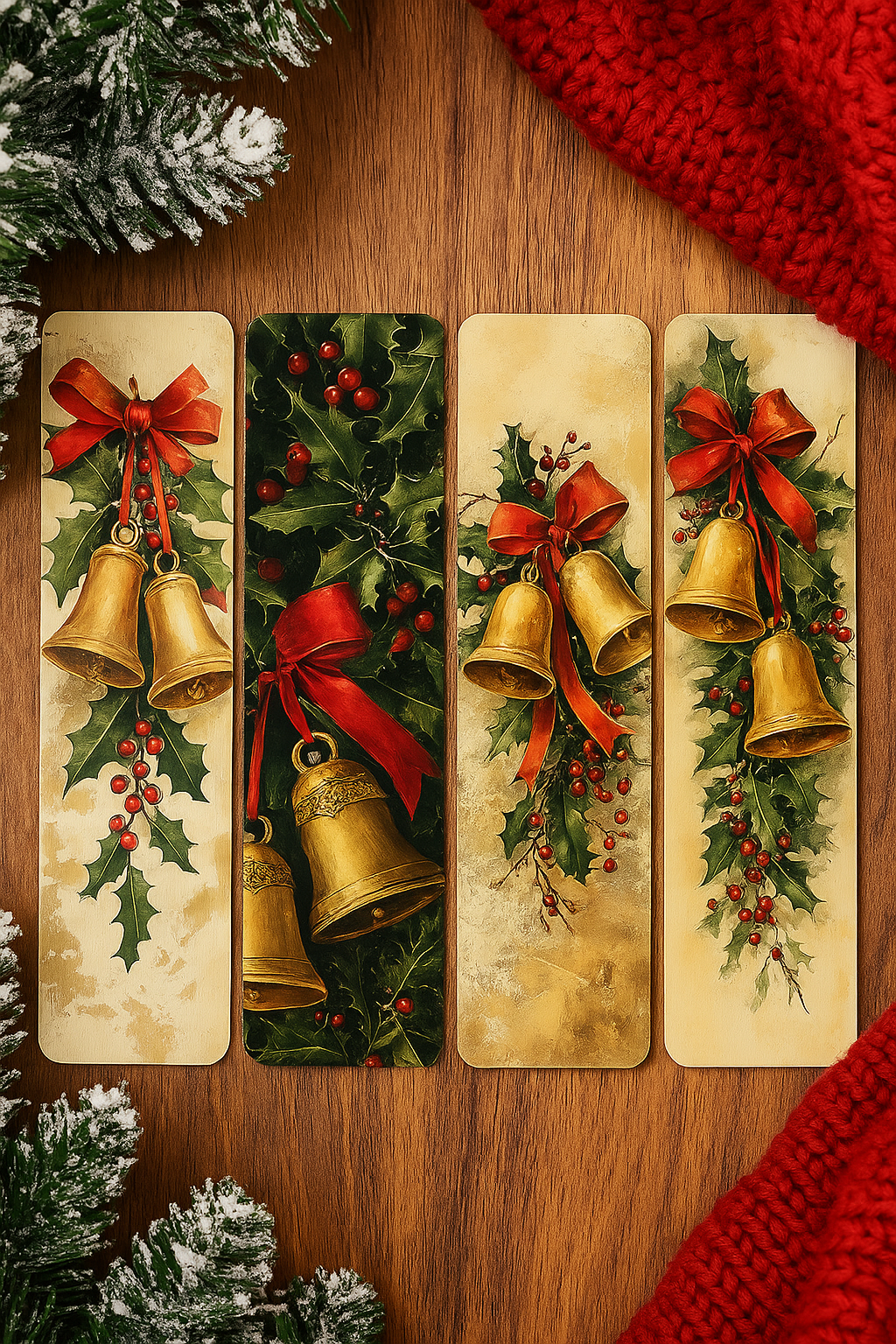 📚 Vintage Christmas Bell Bookmarks – Set of 4 🎄