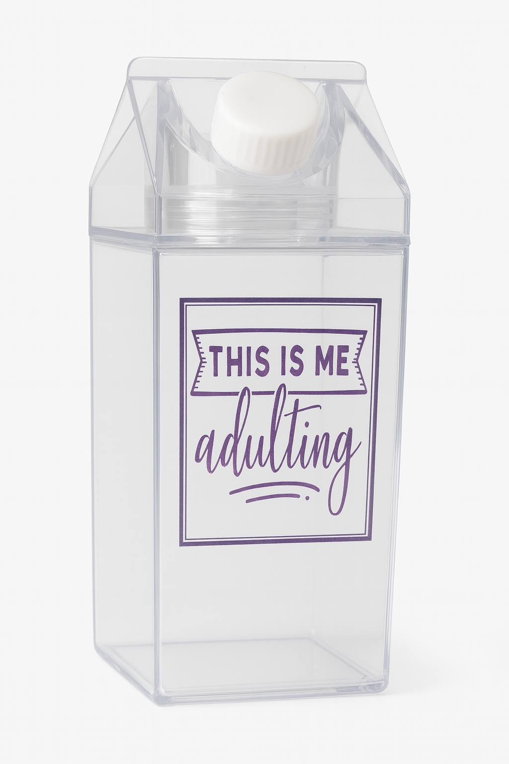 Clear container with a purple label saying 'This is me, adulting' on a white background